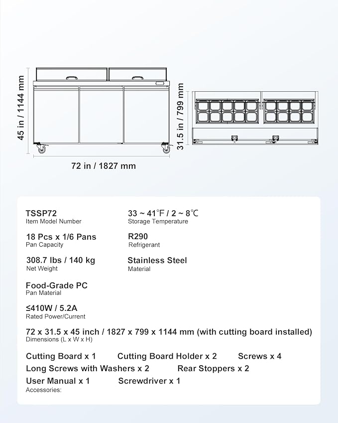 VEVOR 72"W Commercial Refrigerator, 18.7 Cu. Ft Sandwich Prep Refrigerated Table, Mega Top Food Prep Fridge with 18 Pans and Cutting Board, Stainless Steel Salad Prep Cooler for Restaurant, Food Truck