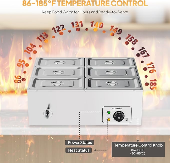 ROVSUN 42.3QT 1200W Electric Commercial Food Warmer, 6-Pan Steam Table 6.9 QT/Pan Stainless Steel Bain Marie Buffet Countertop with Temperature Control & Lid for Parties, Catering, Restaurants 110V