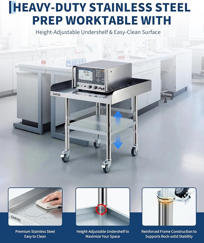 Garvee Stainless Steel Work Table, 24x30x26 Inch Commercial Food Prep Worktable with Wheels, Fixed 3-Sided Backsplash & Height-Adjustable Shelf, Heavy Duty Workbench for Kitchen Restaurant Garage