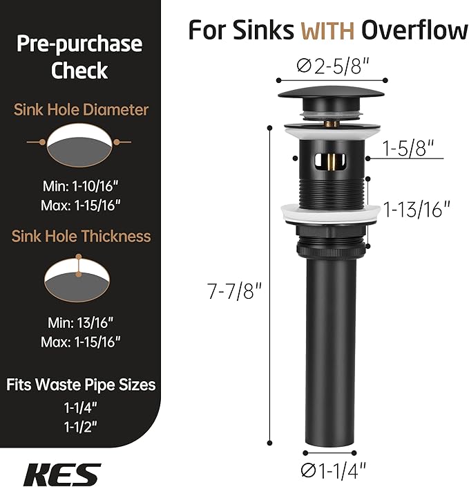 KES Bathroom Sink Drain with Overflow, Matte Black Pop Up Drain 2 Pack for Vanity Vessel Sink, All Metal Bathroom Sink Stopper, T304 Stainless Steel and Brass, S2008A-BK-P2-KES