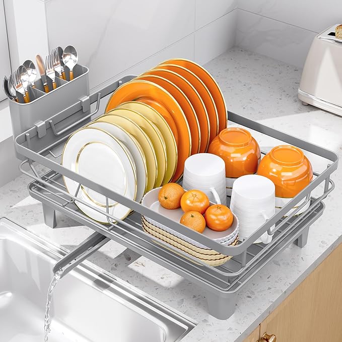 TOOLF Space-Saving Dish Drying Rack, Multifunctional Dish Rack for Kitchen Counter,Sink Dish Drainer Rack, Dishes Strainer with Drain Board & Cutlery Holder, Compact Dryer Rack,Gray
