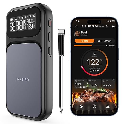 INKBIRD WiFi 5G Wireless Meat Thermometer Digital, 4 Sensor Smart Bluetooth Digital Food Thermometer, NIST Approved Accuracy 0.5°F, Temp Alarms for Rotisserie Air Fryer Sous Vide Grill Oven BBQ