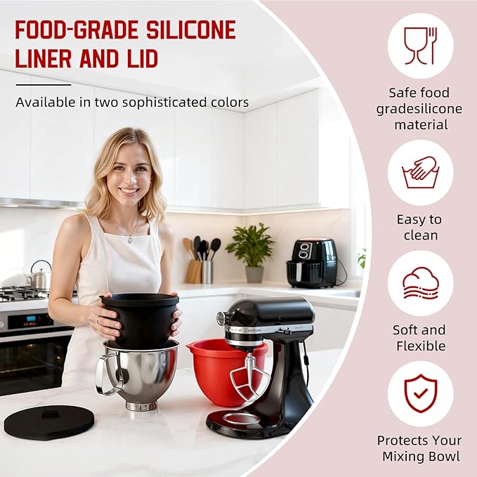 Silicone Bowl Liners for KitchenAid 5 Quart Tilt-Head Mixer,Set of 2 with Lids,Accessories include Mixer Slider Mat,Stand Mixer Dust-proof Cover,Silicone Spatula Set