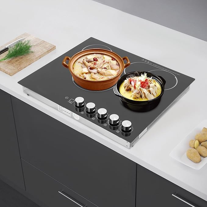 4 Burner Electric Cooktop, 3400W 110V Electric Stove Countertop, 5 Heating Level, Child Lock, Timer, Knob Control, Ceramic Built-in Stove Top, Hard Wire, No Plug