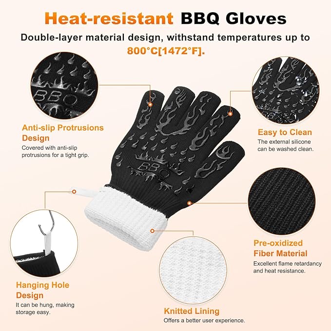 1-Pair BBQ Gloves, 1472°F Heat Resistant Non-Slip Grilling Oven Gloves for Barbecue/Baking/Cooking [L Size, Black]