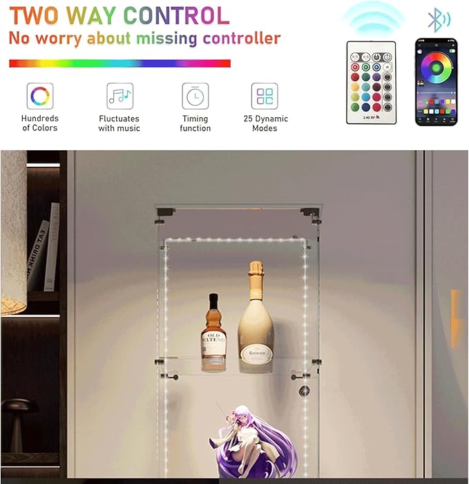 Glass Display Cabinet with LED Light Strip, 4 Shelves with 1 Door, Glass Top Curio Storage Cabinets with Lock & Caster for Living Room, Floor Standing Bookshelf, Quick Installation - Black