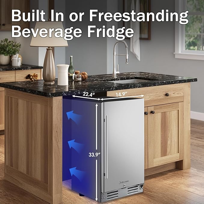 Kalamera Beverage Refrigerator, 15 inch Under Counter Beer Fridge for 104 Cans w/ 32-41℉ Temperature Range, Drink Fridge with Stainless Steel Door…