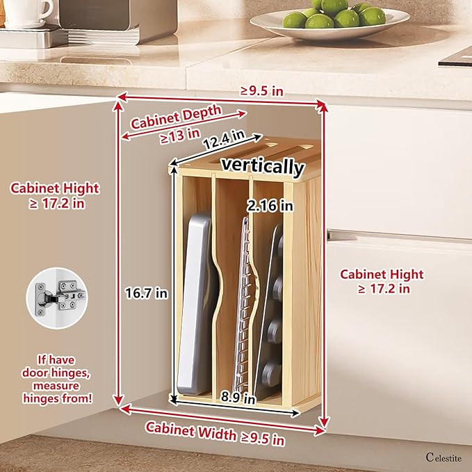 celestite Wooden Tray Dividers for Cabinets, Cookie Sheet Organizer for Cabinet, Baking Sheet Pan Organizer for Kitchen Organizers and Storage (4 Tier 12.4" Wx8.9 Hx16.7 D)