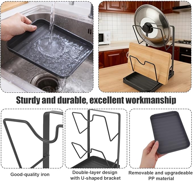 Pot Lid Holder, Multifunctional Kitchen Pot Lid Cover Organizer Rack Spoon Rest with Removable Drip Tray Pan Storage While Cooking for Countertop Organization