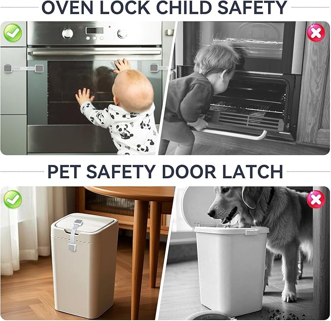 4 Pack Child Safety Cabinet Locks for Baby Proofing, Length Adjustable Latch Straps Dual Button Design for Drawers Fridge Refrigerator Doors Toilet Seat Oven (Grey, 4Pack)