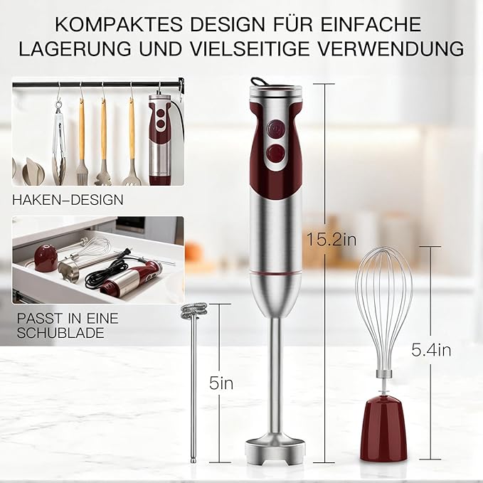 MegaWise Pro Titanium Reinforced 3-in-1 Immersion Corded Hand Blender, Powerful MOTOR with 80% Sharper Blades, 12-Speed Corded Blender, IncludingWhisk and Milk Frother (3-in 1 Red)