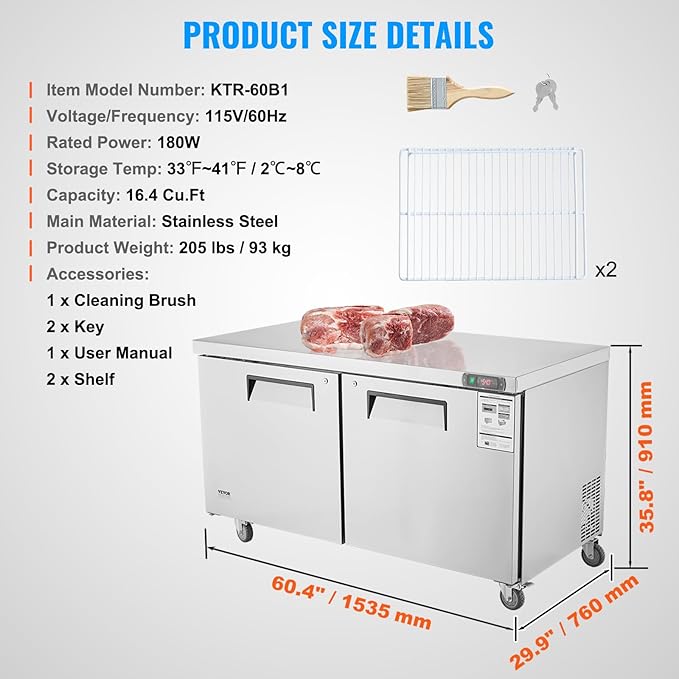 VEVOR 60" Commercial Refrigerator Sandwich & Salad Prep Table, 16.4 Cu. Ft Stainless Steel Refrigerated Food Prep Station with 2 Doors, Frost Free Refrigerator with Lock for Restaurant, Bar, Store