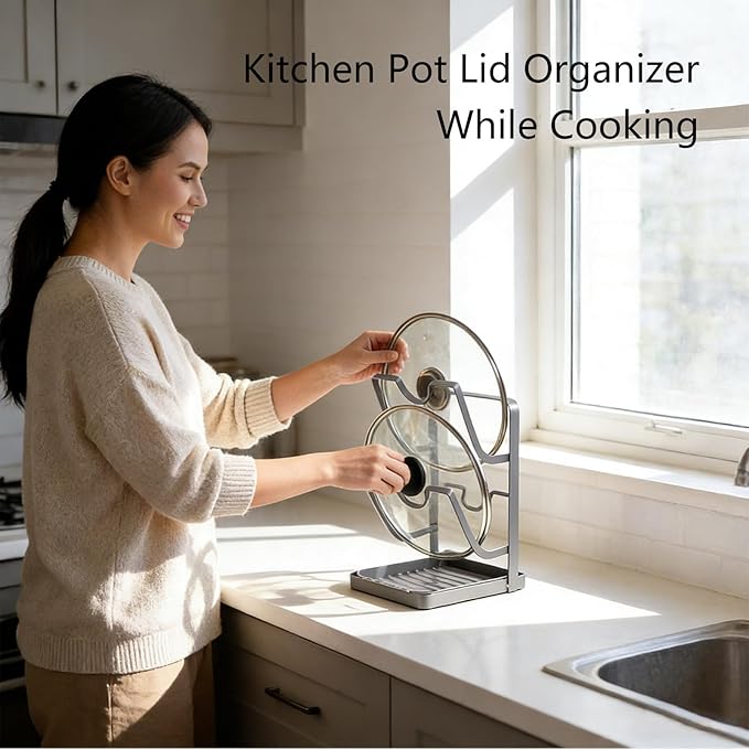 Kitchen Pot Lid Storage Rack, Pot Lid Holder with Tray, Lid Holder While Cooking, Multifunctional Kitchen Organizer Stand for Stove Top (Gray, Double-layer)