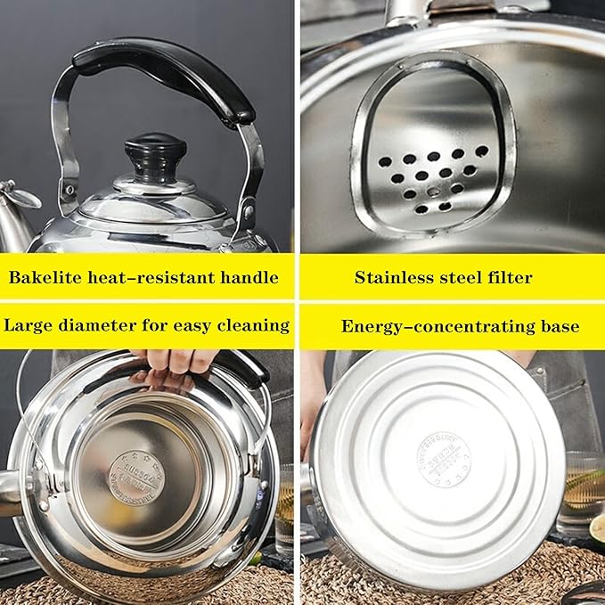Tea kettle, 3.2 Quart Food Grade 304 Stainless Steel Tea Kettle for Stove top Whistling Teapot with Cool Touch Ergonomic Handle, Suitable for All Heat Sources(3L)
