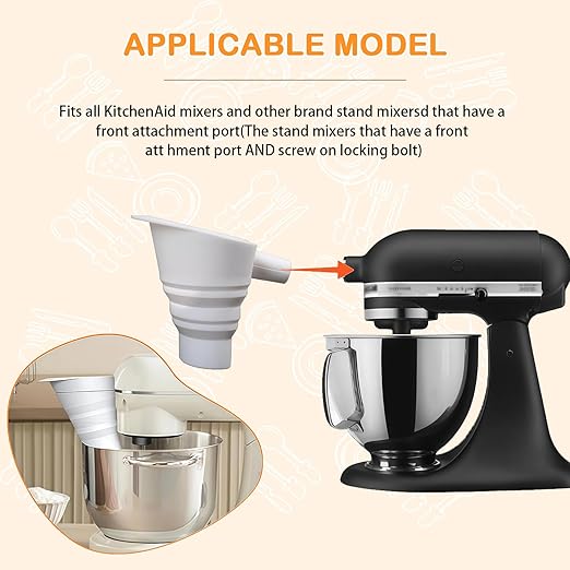 Silicone Foldable Flour Funnel for Kitchen Aid Mixer,Easy Pour No-Mess Attachment,Anti-Splash Accessory,Fits Tilt-Head 4.5–7 Qt (KSM151),Durable Dishwasher-Safe Baking Tool(White)