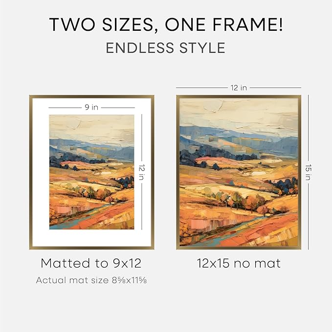 Homeforia 12x15 Picture Frame Bronze, High End Metal 12x15 Brass Poster Frames with Mat 9x12 Photo, 12 x 15 Bronze Frame Matted to 9 by 12 Print, 15by12 Thin Frames, Tempered Glass, Wall Kit, Set of 3