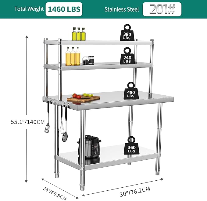 YITAHOME NSF Stainless Steel Work Table With Overshelves, 30" X 24" With 30" X 12" Shelf, Metal Prep Table for Home Kitchen Restaurant Garage Warehouse