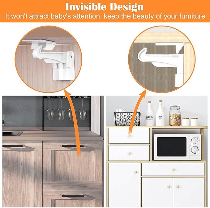 8 Pack Upgraded Invisible Baby Proofing Cabinet Latch Locks - No Drilling or Tools Required, Children Proof Cupboard Drawers Latches, Works with Most Cabinets and Drawers - Adhesive Easy Installation