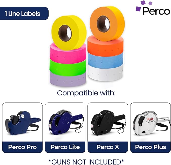 Perco 1 Line Multicolored Sleeve—8 Rolls, 1 Sleeve, 8,000 Labels for Perco Lite, X, Plus & Pro Guns—Includes White, Yellow, Blue, Lavender & Fluorescent Colors (Red, Green, Pink, Orange)—Made in USA
