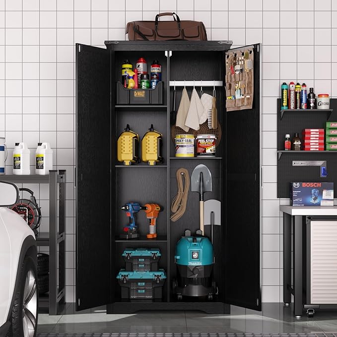 Tall Storage Cabinet with Adjustable Shelves, Farmhouse Pantry Organize with 2 Barn Doors, Large Freestanding Cabinet for Kitchen, Garage, Basement, Living, Utility Room, Black