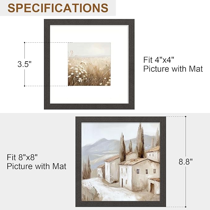 Vittanly 8x8 Picture Frame Set of 2, Solid Wood Frame for Wall or Tabletop, Display Photo 4x4 with Mat or 8x8 without Mat, Black