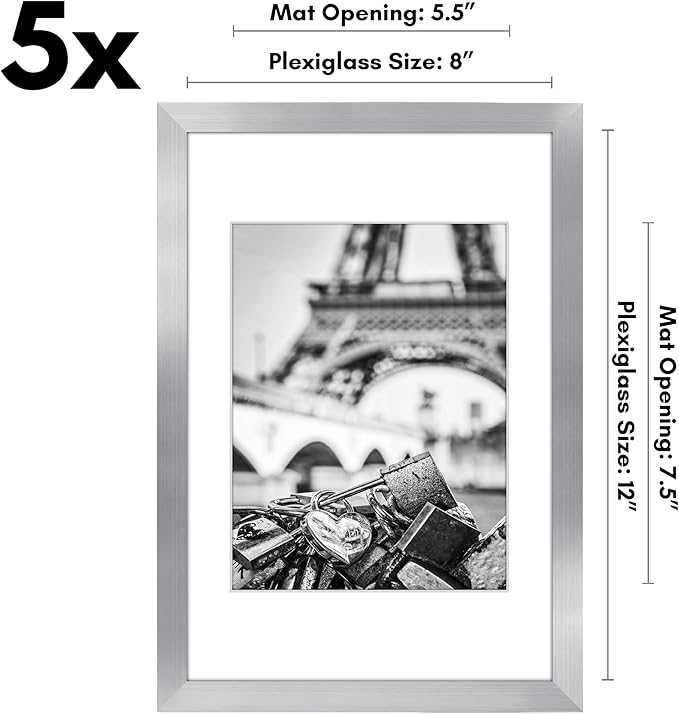 Americanflat 8x12 Picture Frame with Polished Plexiglass - Set of 5 - Use as 6x8 Frame with Mat or Display 8x12 Photo Without Mat - Galleria Collection - Picture Frames for Wall Display - Silver
