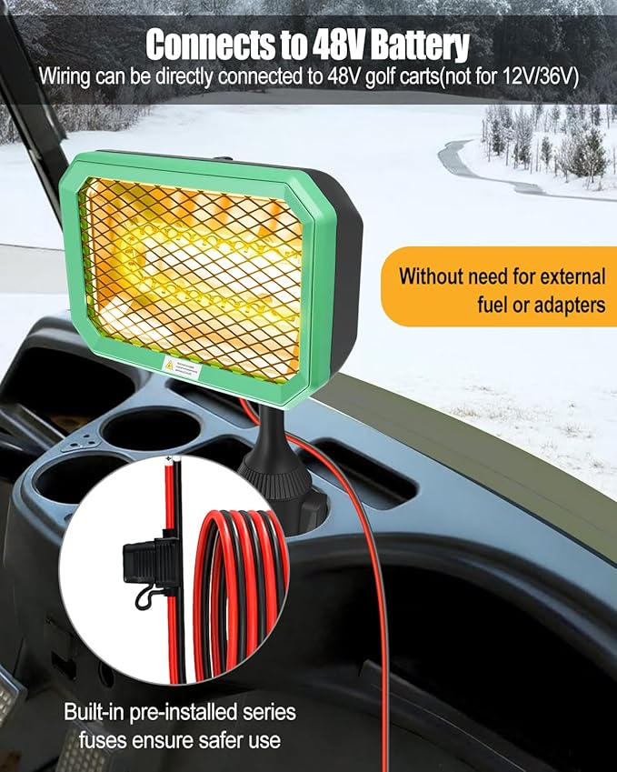 48V Golf Cart Electric Heater, Battery Operated Heater for Golf Cart Accessories, 400W Safe and Quiet Carbon Fiber Heating, Compatible with Club Car Yamaha EZGO