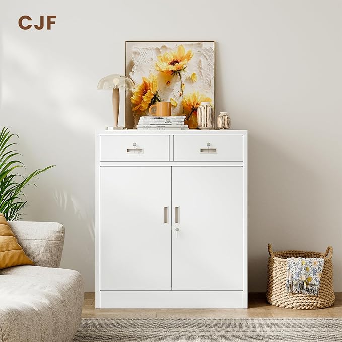 CJF Metal Storage Cabinet, Locking Storage Cabinet with Doors and 2 Drawers, Metal Cabinets for Office/Home/Garage 36" H x 32" W x 16" D (White)