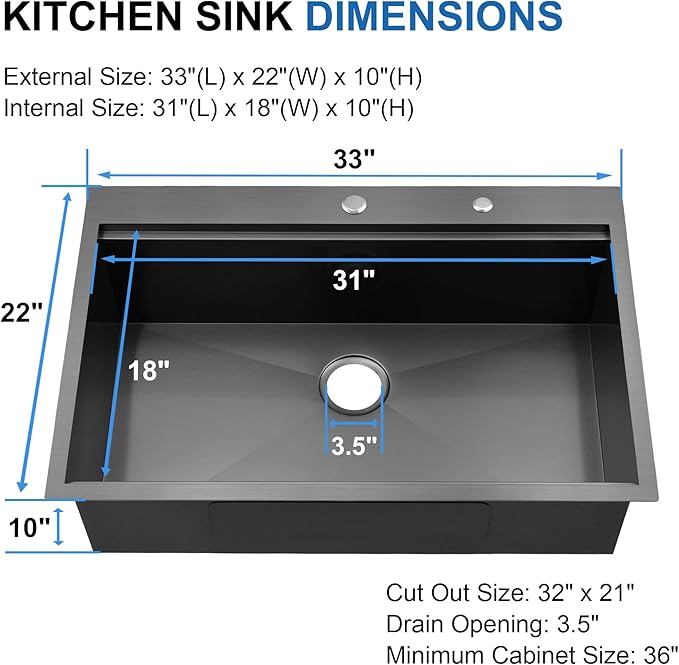 Scamall 33x22x10 Drop In Kitchen Sink Workstation, Nano Black 304 Stainless Steel Deep Single Bowl with Quick Drainage & Tarnish-Free Surface for Bar, Laundry, RV, Includes Accessories