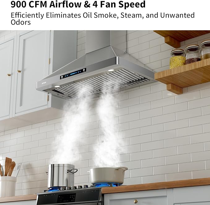 IKTCH 36 inch Wall Mount Range Hood, 900 CFM Ducted/Ductless Range Hood with 4 Speed Fan, Pure Stainless Steel with Gesture Sensing & Touch Control Making life Smarter IKP02R-36