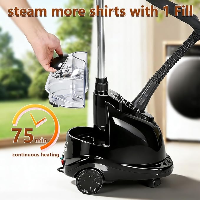 Standing Garment Steamer, 2000W Powerful Steamer for Clothes, 2.4L Water Tank for 90 Mins Continuous Steaming,3Steam Levels with Roll Wheels, Home Commercial Use (Black)