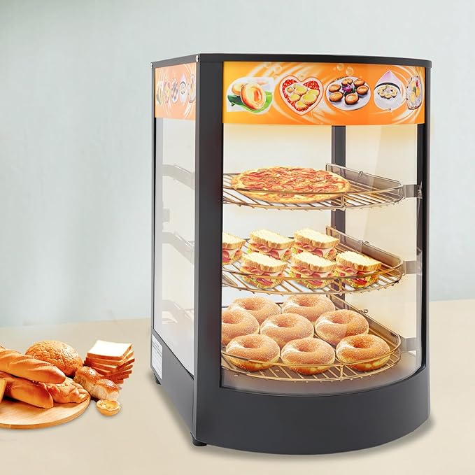 Commercial Food Warmer Display, 3-Tier Electric Countertop Food Warmer with Led Light Removable Shelves 5mm Tempered Glass Door, Temp Adjustable Pizza Pretazel Warmer for Restaurant Cafe, 110V 800W