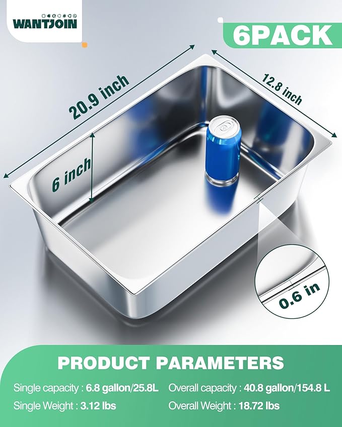 WantJoin Steam Table Hotel Pans 1/1 Full Size 6 Inch Deep 0.9mm Thick 6 Pack, Stainless Steel Metal Tray Sets Food Storage Container for Restaurant Chafing Dishes Commercial Catering Supplies