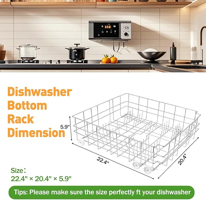 Upgrade W10139223 Dishwasher Lower Rack, 304 Stainless Steel with 6 wheels, designed for a 23-inch built-in dishwasher