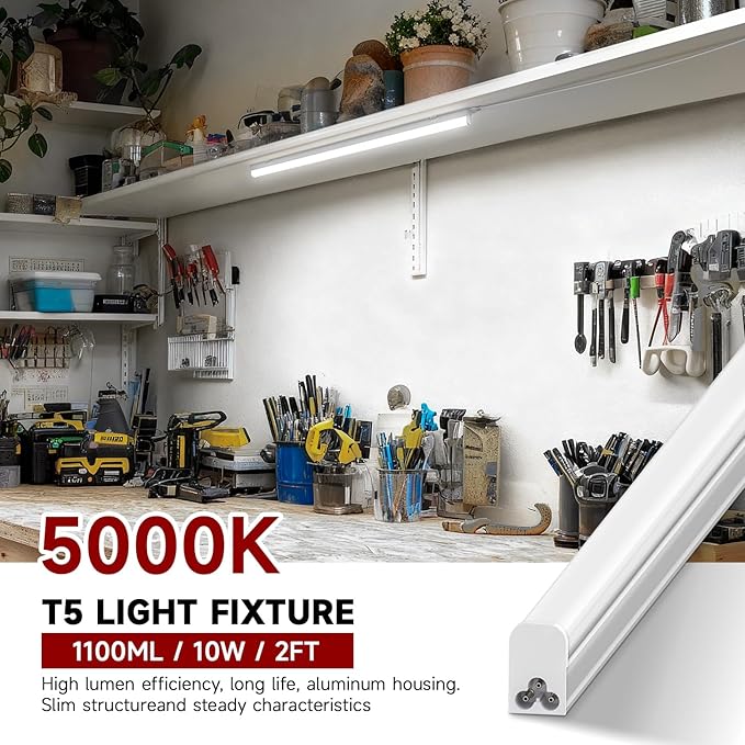 8 Pack T5 LED Shop Light 2FT, 10W, 5000K, 1100LM Super Bright, Linkable Under Cabinet Lighting, Easy Installation Ceiling Fixture for Workshop, Basement, Garage, DIY Projects