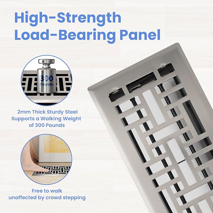 4x10 Inches 2 Pack Heavy Duty Walkable Floor Register Easy Adjust Air Supply Lever Floor Vents - Seattle Design - Vent Cover for Home Floor - Satin Nickel