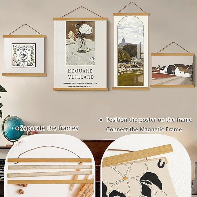 2 Pack Magnetic Poster Hanger Frame, 24x36 24x32 24x18 Light Wood Wooden Magnet Canvas Artwork Print Dowel Poster Hangers Frames Hanging Kit (Teak Wood, 24", 2 Packs)