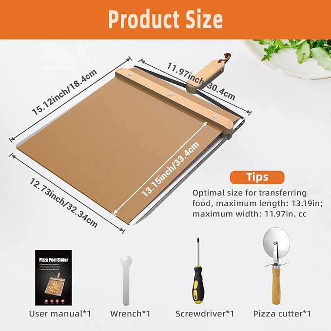 Non-Stick Sliding Pizza Peel 16" & 22x13 Metal Board, Bamboo Paddle w/Detachable Handle & Free Pizza Cutter for Beginners, Outdoor Oven Baking