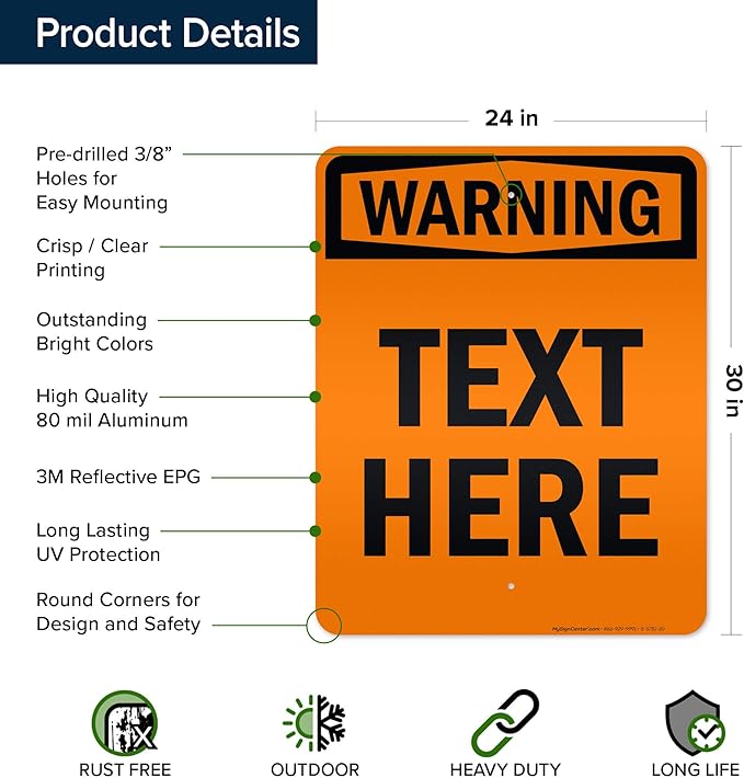 Custom warning Sign, OSHA Sign, 24x30 Inches, 3M EGP Reflective, Rust Free .080 Aluminum, Fade Resistant, Made in USA by My Sign Center