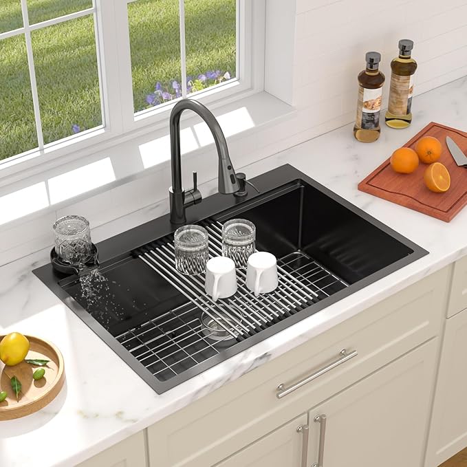 Dcolora 36 In. Black Kitchen Sink with Cup Washer, Large Single Bowl Drop In Installation, Heavy Duty 16 Gauge 304 Stainless Steel, Workstation with Valued Accessories, 36"x22"x10" #DC-T2533003BWS