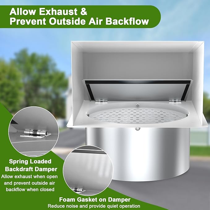 8 Inch Hooded Wall Vent, Dryer Wall Vent Cover Outside with Screen & Damper, Hooded Wall Exhaust Vent Cover, Outdoor Air Vent Cap for Range Hoods/Kitchen/Bathroom/Laundry/Basements/Garages, White