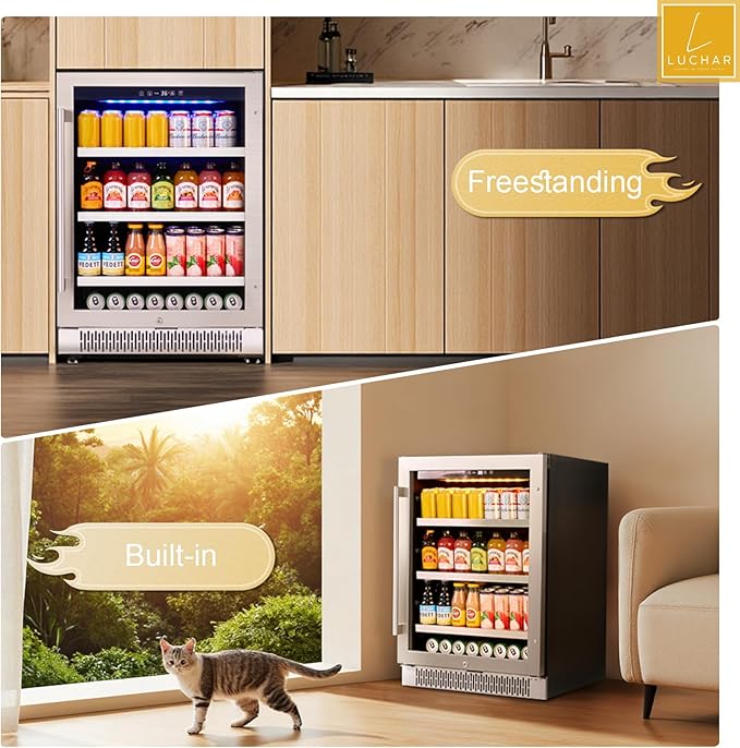 24 Inch Beverage Refrigerator Cooler, Beverage Fridge with Stainless Steel Door for 164 Cans, Built-in Counter or Freestanding 3-Color LED Light Beer and Drink Fridge for Bar Home Office