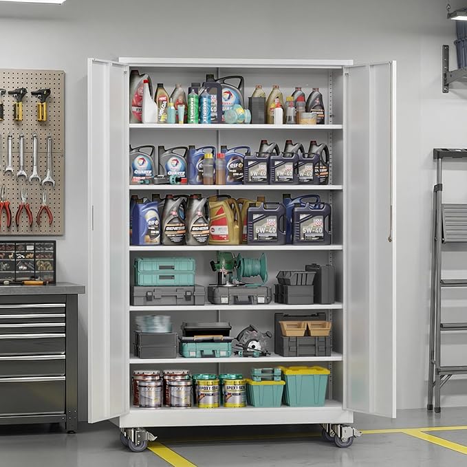 VINGLI Large Metal Storage Cabinet with 2 Doors and 5 Adjustable Shelves, Upgraded Height & Wide & Deep, 43''W x 20''D x 72''H, Oversized Garage Storage Cabinet with Wheels and Locks (White)