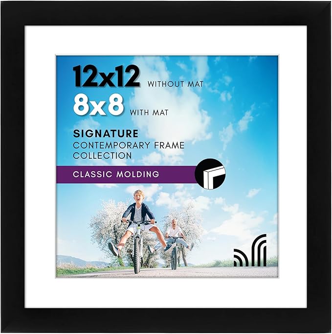 Americanflat 12x12 Picture Frame with Shatter-Resistant Glass - Use as 8x8 Frame with Mat or Display 12x12 Photo Without Mat - Signature Collection - Square Frames for Wall Display - Black