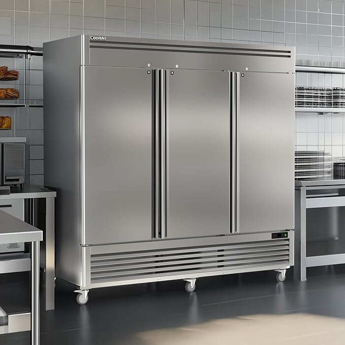 Coolski Commercial Freezer 82" W, 72 Cu.ft Stainless Steel Reach In Upright Freezer 3 Door, Auto-Defrost, 12 Adjustable Shelves, -13 to -5℉ Temp Control, LED Light, 5 Wheels