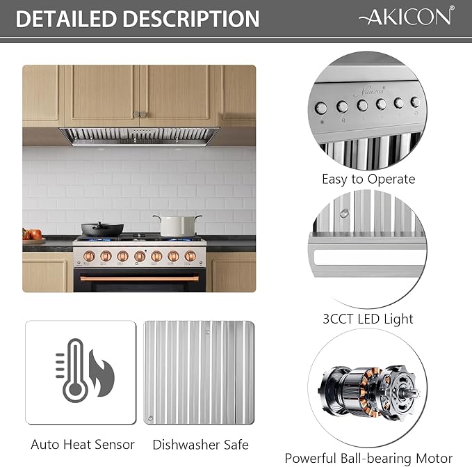 Akicon 42 Inch Range Hood Insert with Heater Sensor, 1200 CFM Ultra-Quiet Stainless Steel Ducted Vent Hood Insert with 4 Speed Fan, Dimmable LED Lights and Dishwasher Safe Filters
