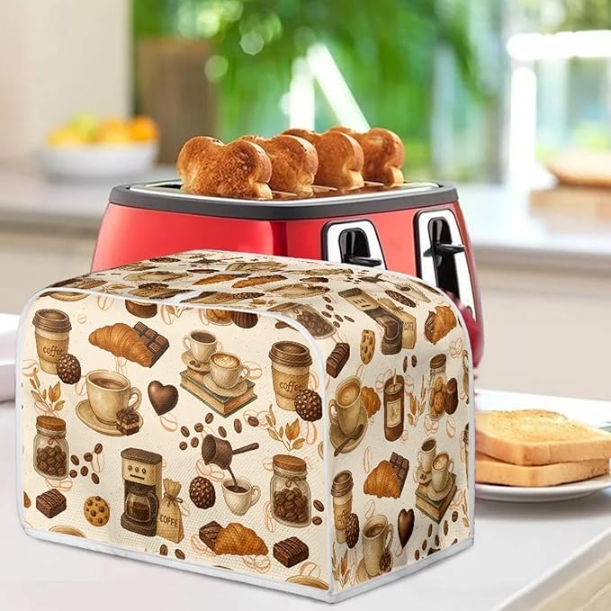 Coffee Chocolate Print Bread Maker Cover Anti-Dust Toaster Cover Washable Universal 2 Slice Toasters Machine Protector for Kitchen Accessories