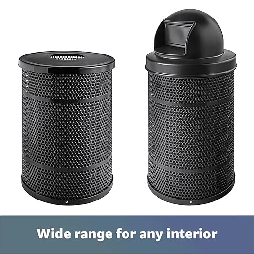 55 Gallon Perforated Trash Can with Flat Lid, Steel Outdoor Heavy-Duty Commercial Waste Bin, Round Recycle Container, Durable Garbage Can for Parks, Municipalities, Schools, Parking