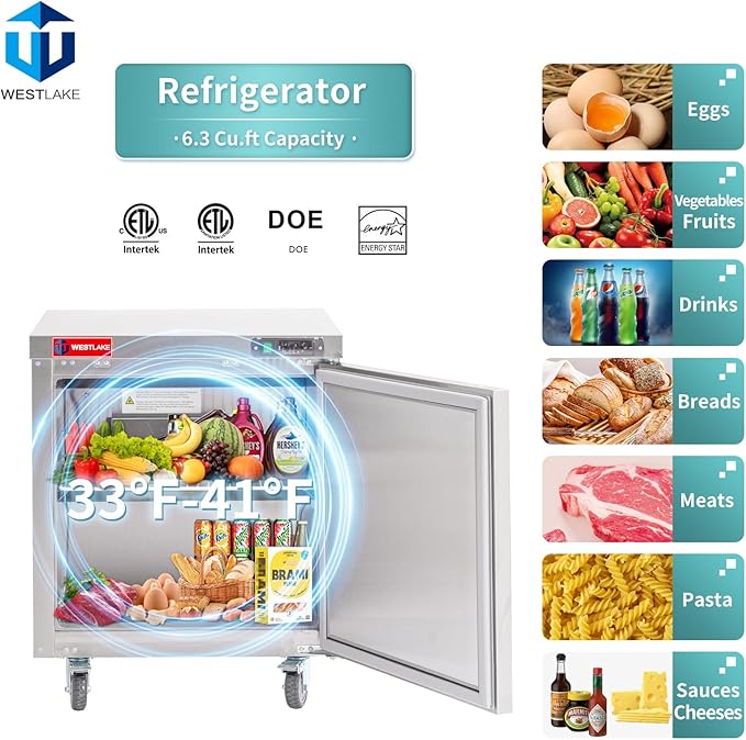 WESTLAKE 28" W Commercial Refrigerator Worktop Undercounter Refrigerator 6.3 Cu.ft Single Door Stainless Steel Counter Fan Cooling Refrigerator Food Prep Station for Restaurant, Bar