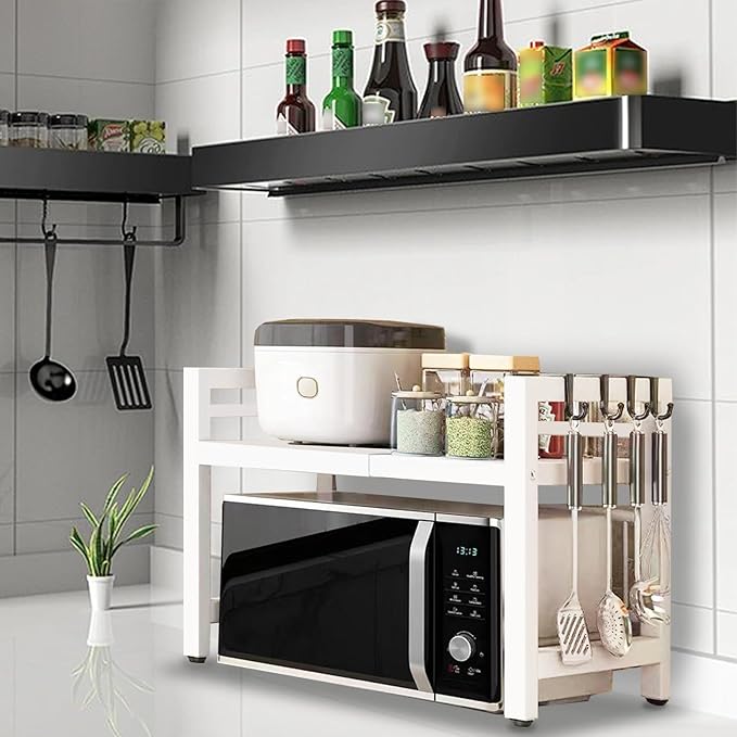 Microwave Oven Rack Expandable Countertop Heavy Duty Microwave Shelf 2-Tier Adjustable Metal Storage Shelf Rack for Kitchen (White)